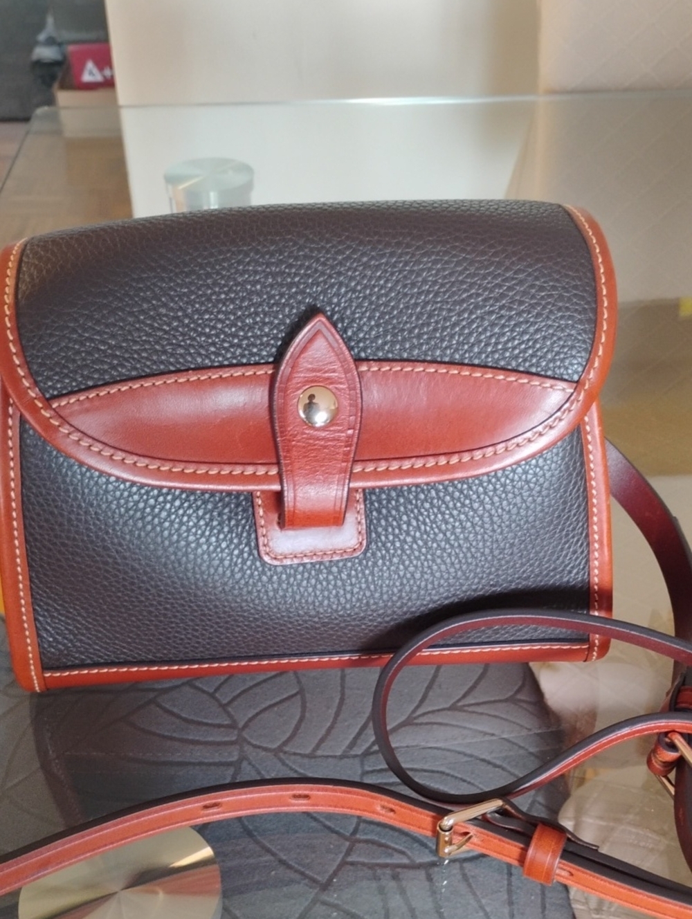 Pebbled Dark Brown Leather Crossbody with Chestnut Trim